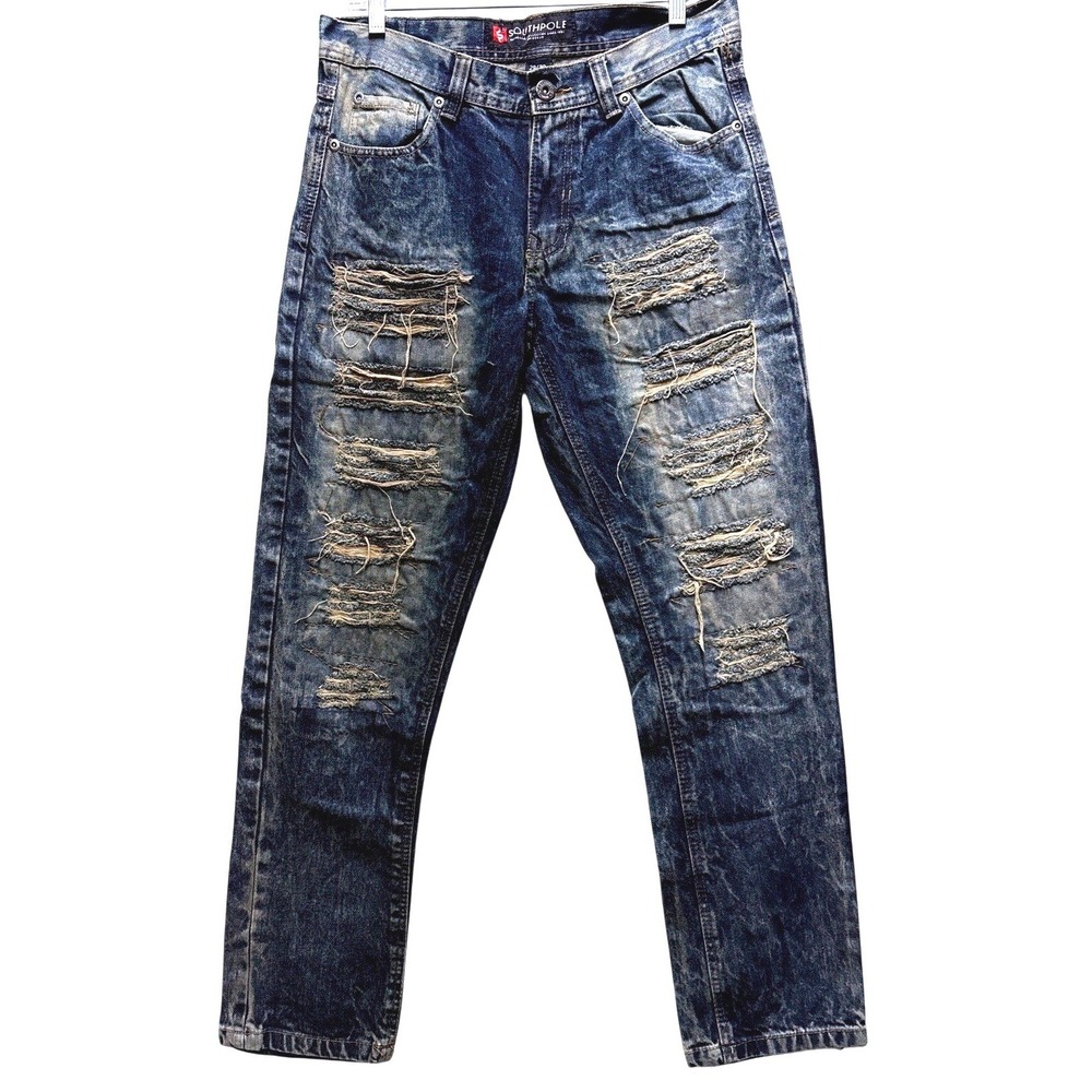 Southpole Distressed Acid Wash‎ Straight Leg Jeans Mens 29/30 Blue Ripped Denim